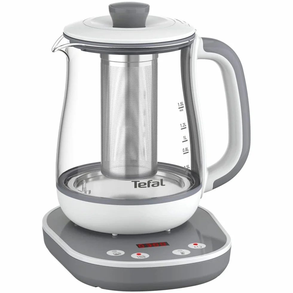 Tefal BJ551B10 Tastea machine à thé, 8 réglages de température, Capacité de 1,5 L, Panier à thé amovible en acier inoxydable, Maintien au chaud, Corps en verre résistant, Gris/Blanc