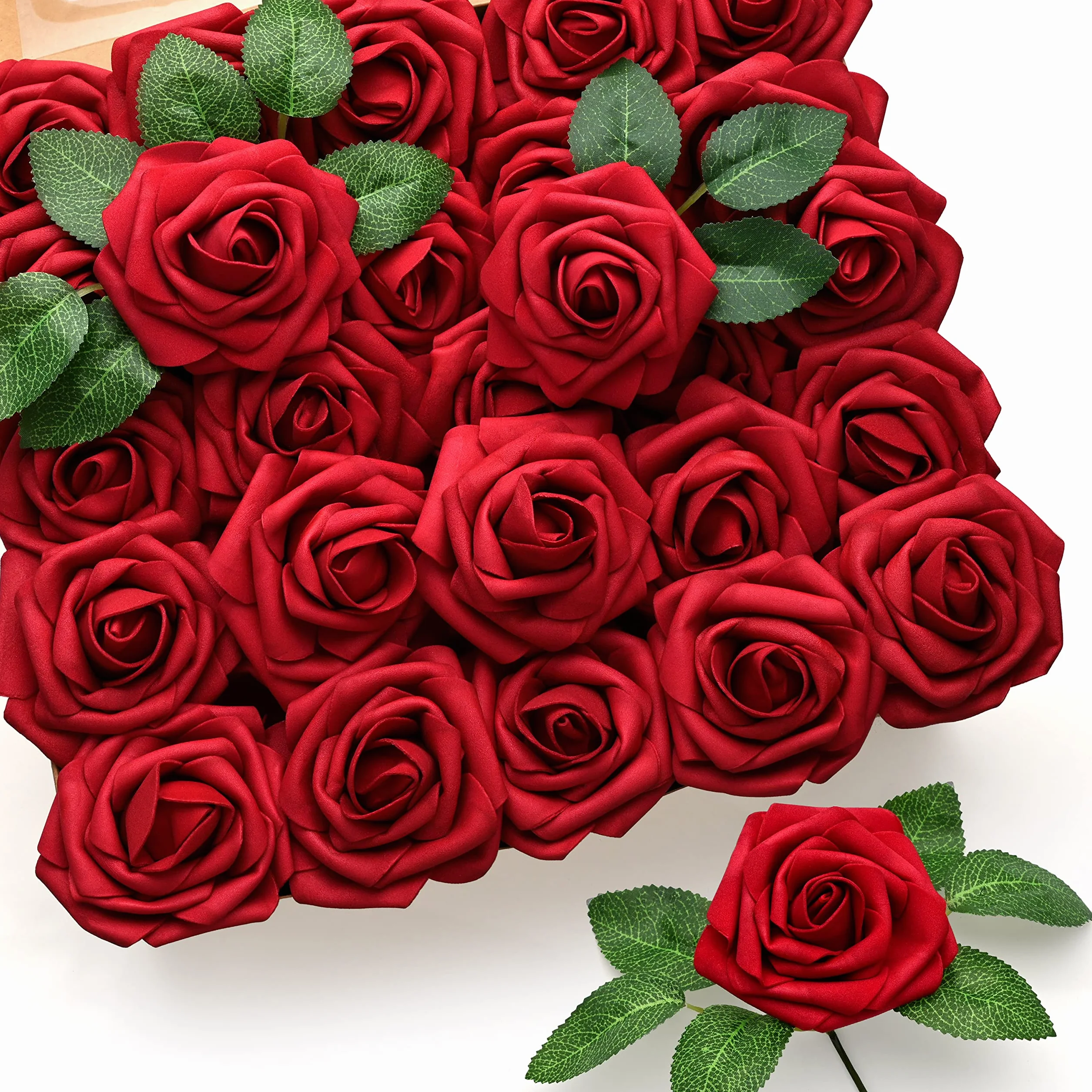 Mocoosy 50Pcs Rouges Roses Fleurs Artificielles, Faux Roses Latex Rouge Foncé avec Tige pour Mariage Bouquets Décorations