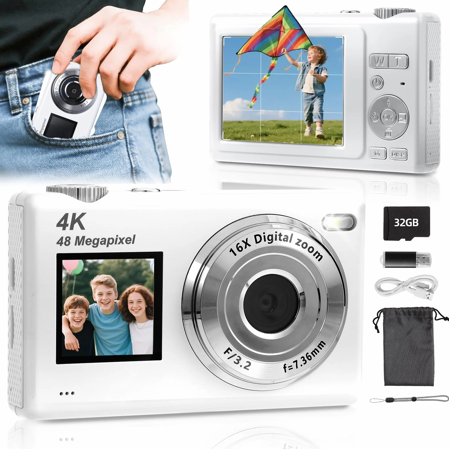 ARNSSIEN Aparat Cyfrowy Podwójnym Ekranem, Autofokus 4K 48MP, Kamera Vlogowa dla Dzieci i Początkujących, z Kartą 32GB, 16X Zoom, Stabilizacja Obrazu, Idealny Prezent dla Chłopców i Dziewcząt,Y5