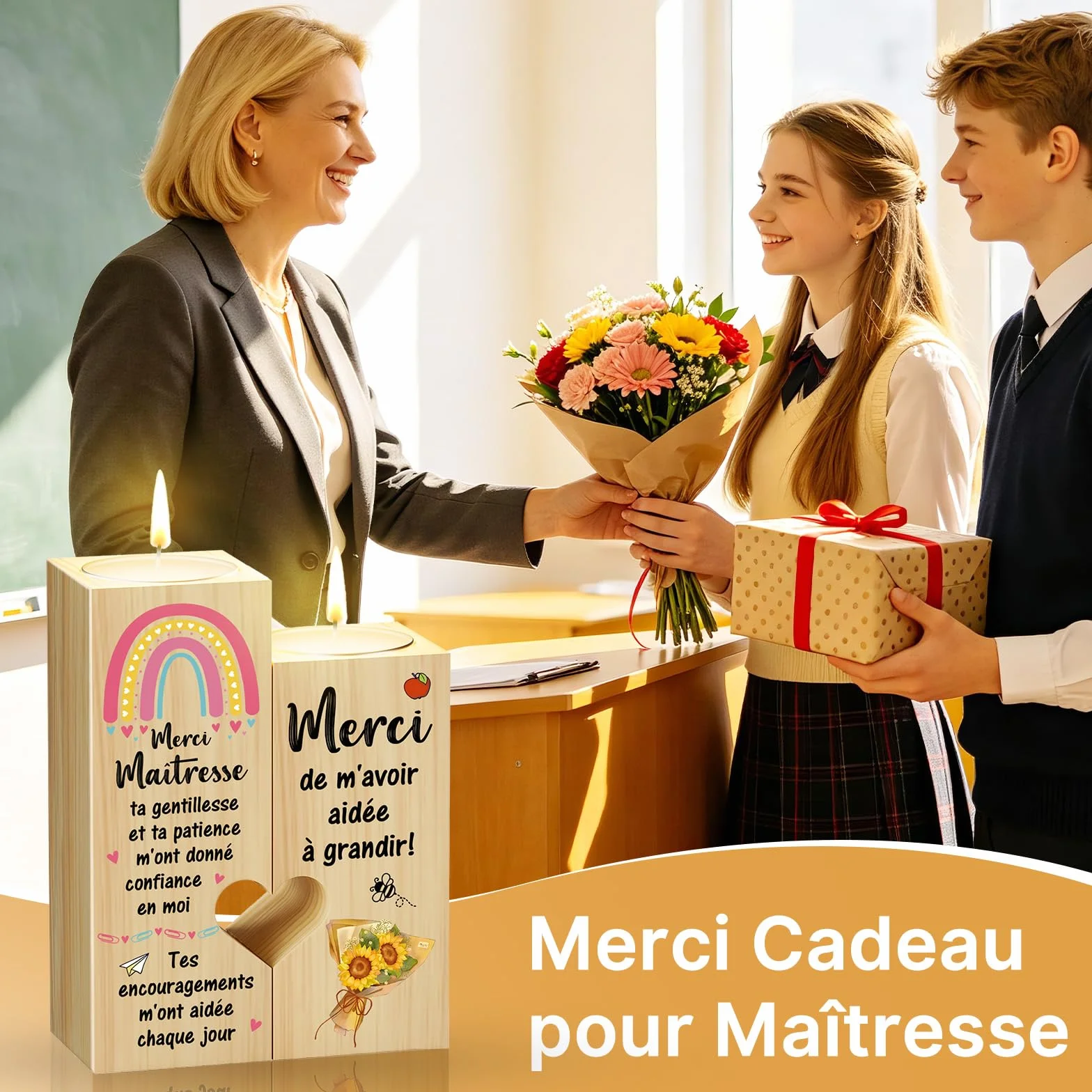 Bougeoir en Forme de Coeur Cadeau pour Maîtresse d'École, Idée Cadeaux pour Enseignante Reconnaissance Noël Fin d'Année