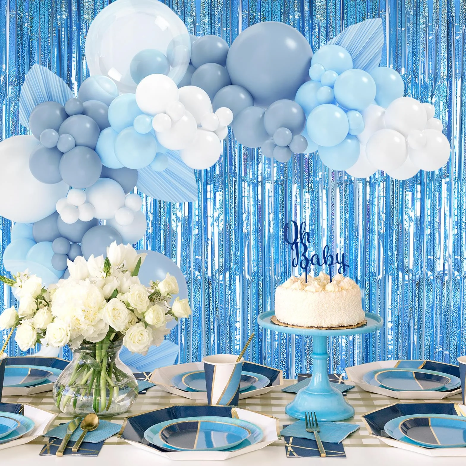 Rideau Anniversaire Métallique Tinsel Bleu 1m x 2m Décoration Fête Photo Soirée