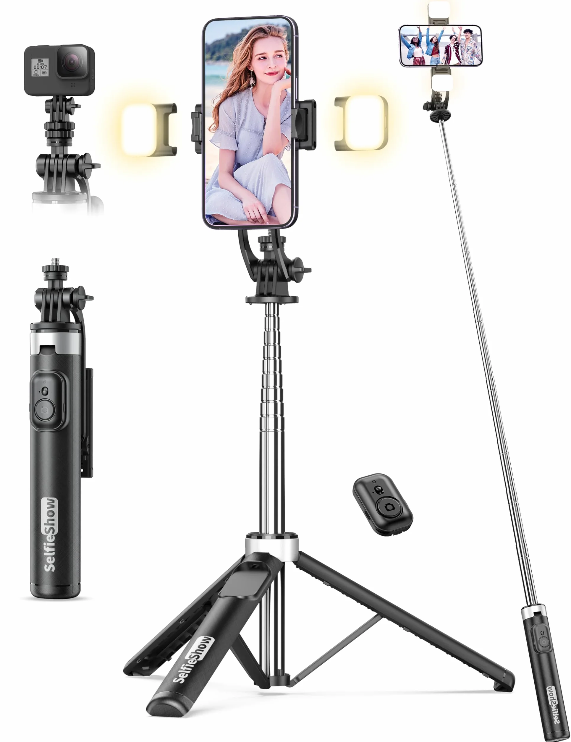 135CM Selfie Stick z 2 lampkami wypełniającymi, uniwersalny statyw do telefonu komórkowego z odłączanym pilotem zdalnego sterowania, przenośny statyw do telefonu komórkowego, stabilny uchwyt do selfie