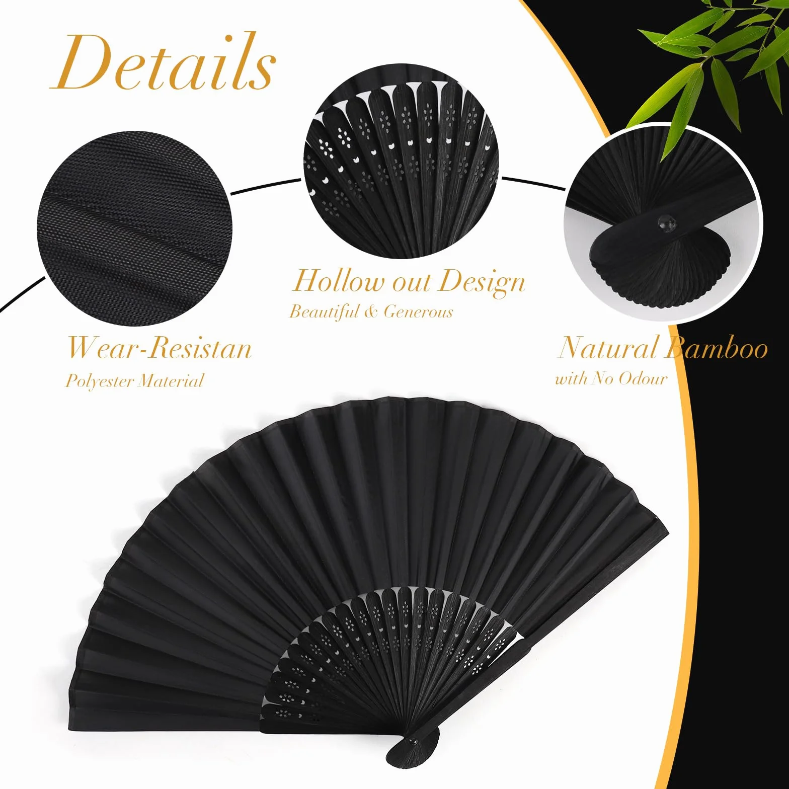 SWAWIS 28 Pièces Éventails Pliants Noir, Ventilateur en Tissu avce 30 Sacs en Organza & Cartes de Remerciement, Eventails Mariage Pliable pour Baptêmes Décorations de Fêtes DIY