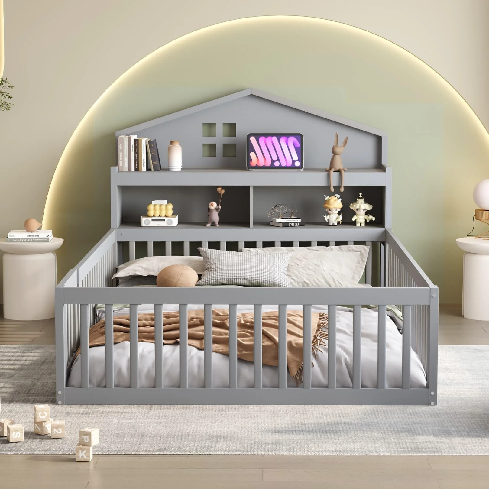 Lit Au Sol Enfant 140x200 avec Rangement-étagère,Tableau Noir,Porte et Barrière de lit Haute,Cadre de Lit Montessori 2 Personnes avec Sommier à Lattes Solide,Pin (Gris, 140x200)