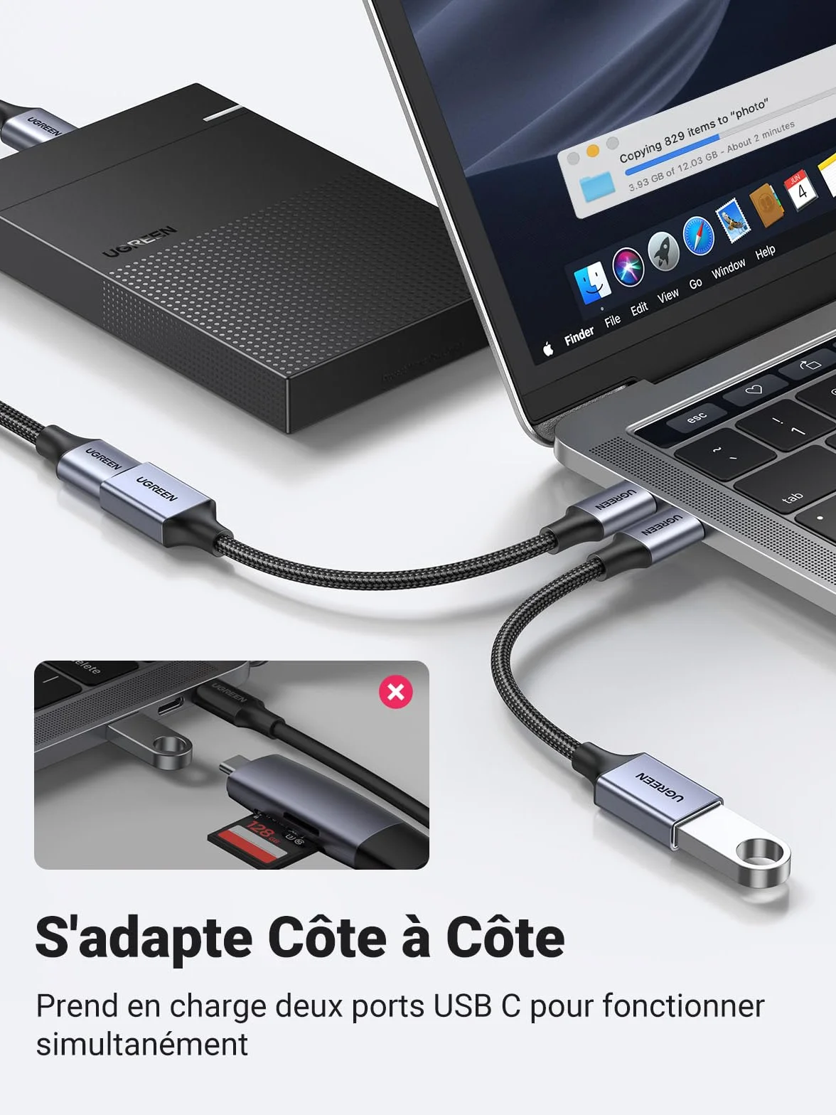 UGREEN Adaptateur USB C vers USB A 3.0 5Gbps OTG Câble Nylon Tressé Aluminium Compatible iPhone 17 Pro Max Air 16 15 MacBook Air iPad Galaxy S25 Gris