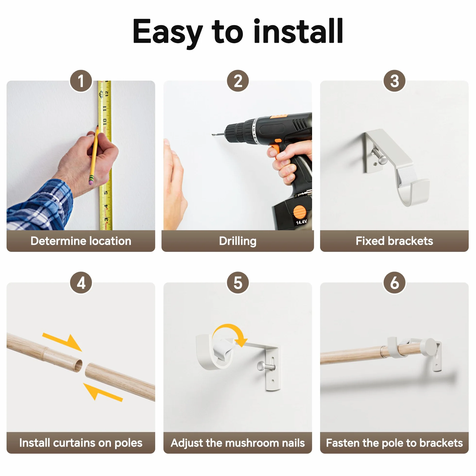 Tringle Rideau Grain de Bois 76-208 CM, Extensible 19 MM avec Embout Blanc, Métallique pour Rideaux à Œillets