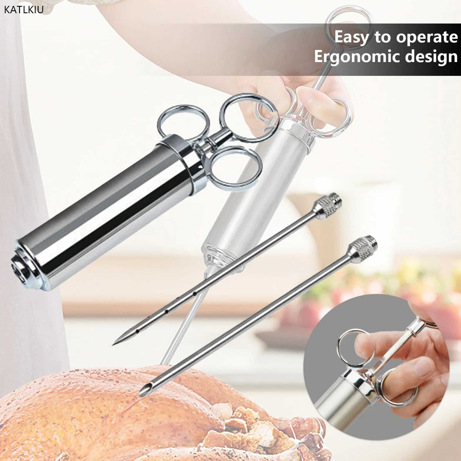 Seringue Alimentaire en Acier Inox 60 ml avec 3 Aiguilles – Seringue à Marinade pour Viande et BBQ