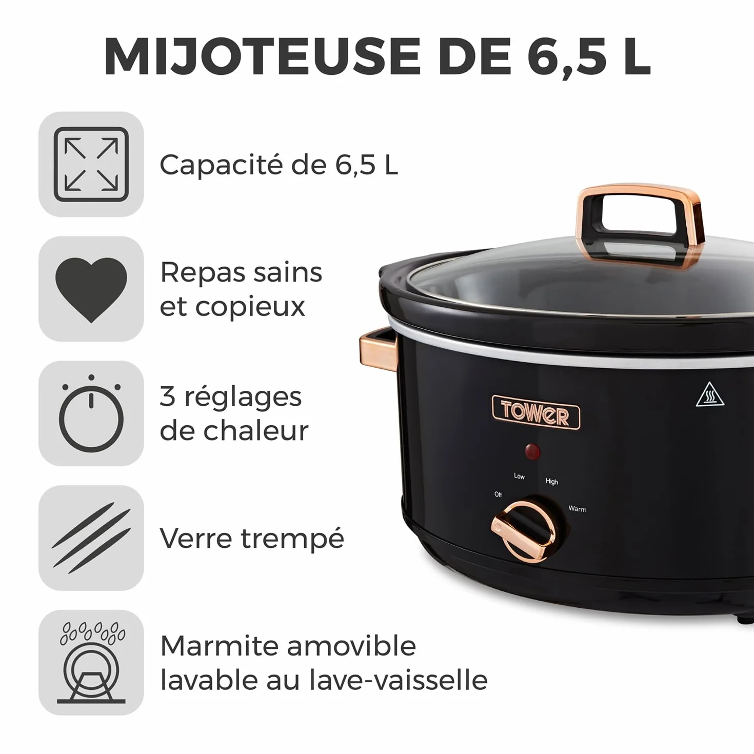 Tower T16019RG Infinity Mijoteuse Électrique - Mijoteuse - Poêle Électrique avec 3 Réglages de Chaleur et Fonction Maintien au Chaud - 6,5 L - 270 W - Noir et Or Rose