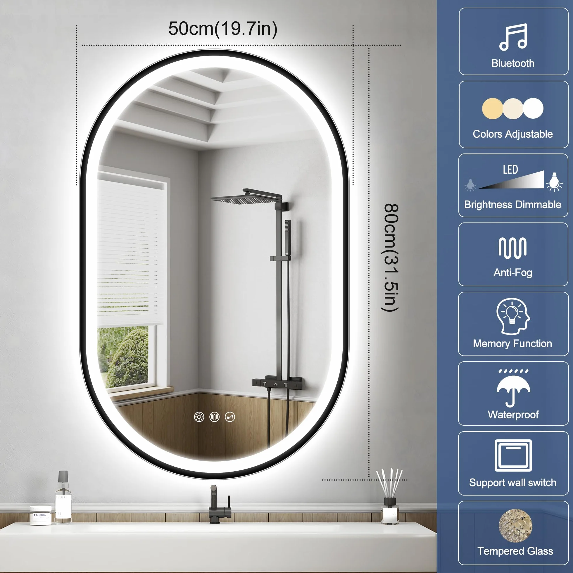 Miroir Salle de Bain avec Éclairage 80x50cm Bluetooth Anti-buée Dimmable IP44 Verre Trempé