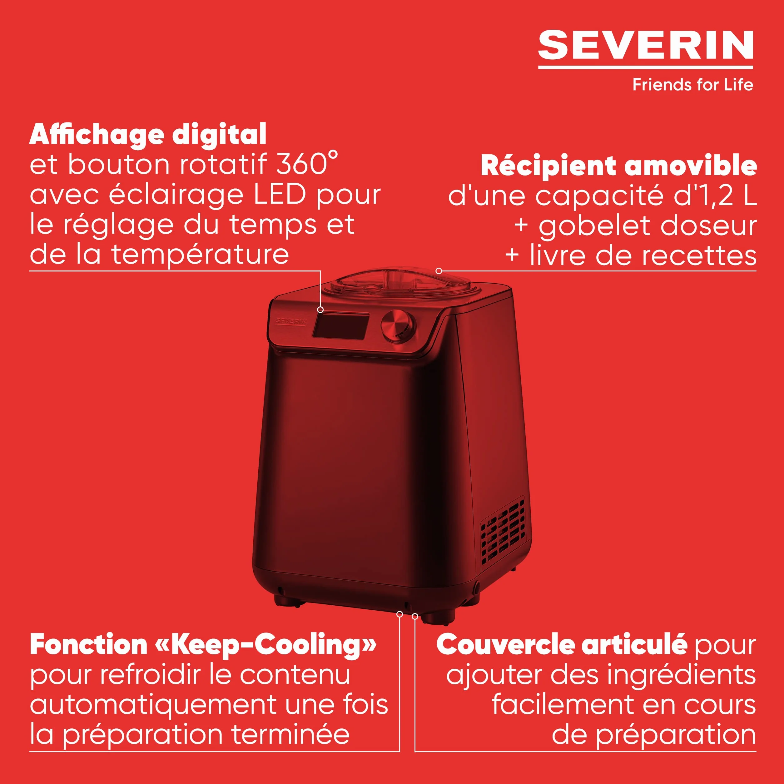 SEVERIN Sorbetière 2-en-1 Compacte 135 W, Sorbetière électrique et yaourtière d'une capacité 1,2 L, Machine à glace avec livre de recettes, noir, EZ 7407