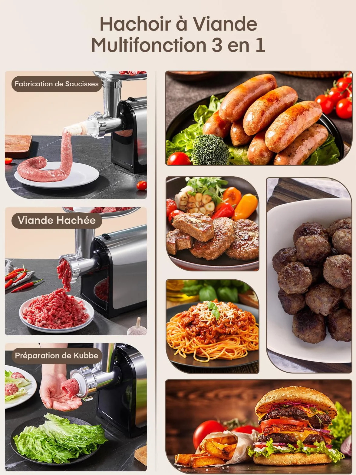 3 en 1 Hachoir à Viande Électrique Professionnel avec 3 Plaques Abrasives en Acier Inoxydable, 1 Kubbe et 3 tubes de Remplissage de Saucisses, 2000W Max