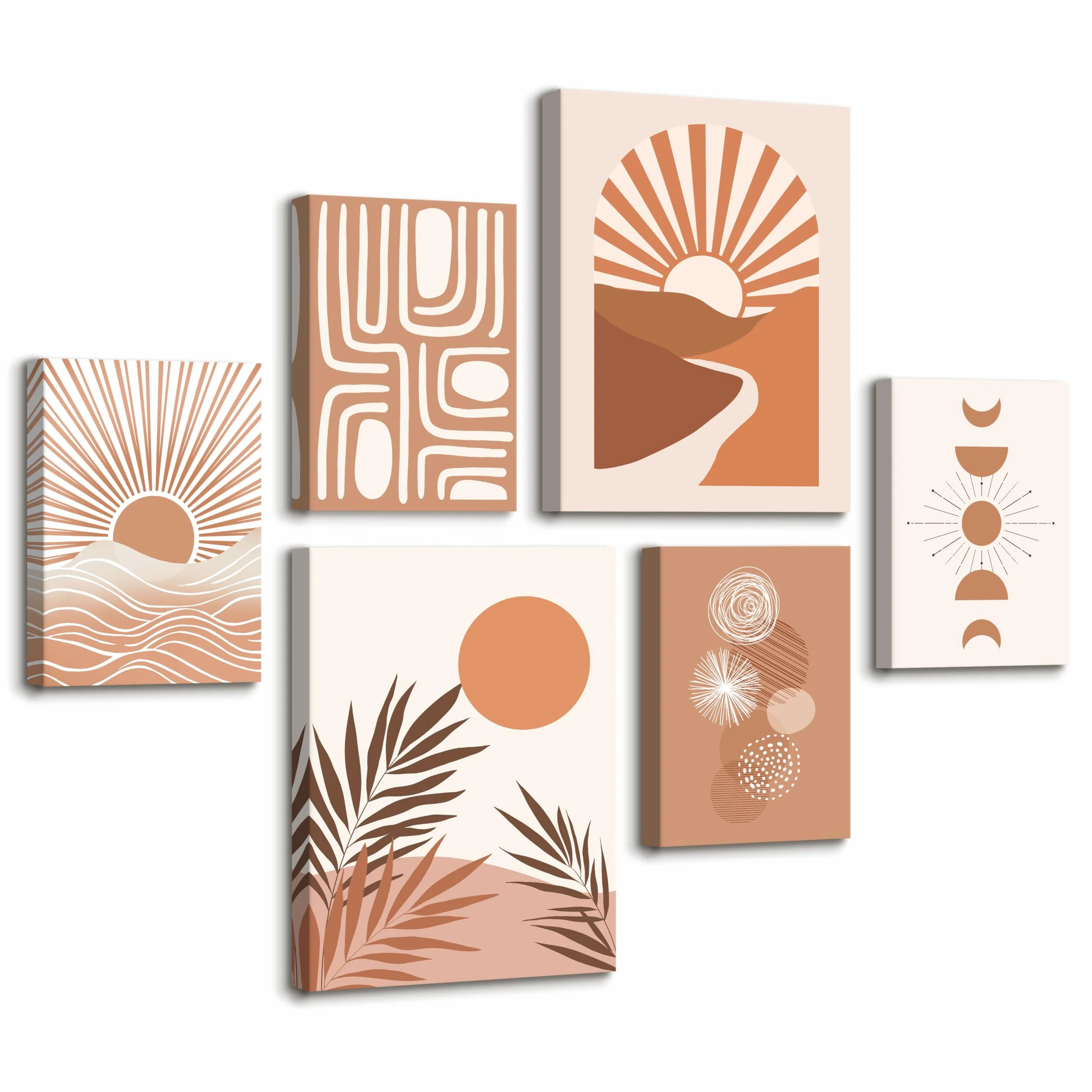 6 Sets of Boho Terracotta Soleil Botanique Tableau Decoration Murale Encadre, Géométrie Lignes Impression sur toile Abstrait Paysage Tableau Peinture Posters Déco Mural pour Salon Chambre Cuisine