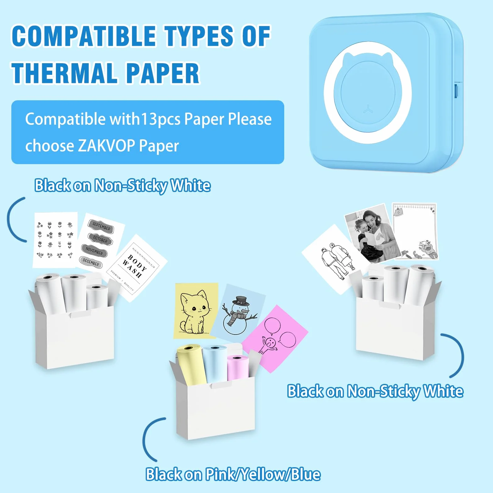 Mini Imprimante Thermique Portable pour Android iOS, Imprimante Photo sans Encre Bleu