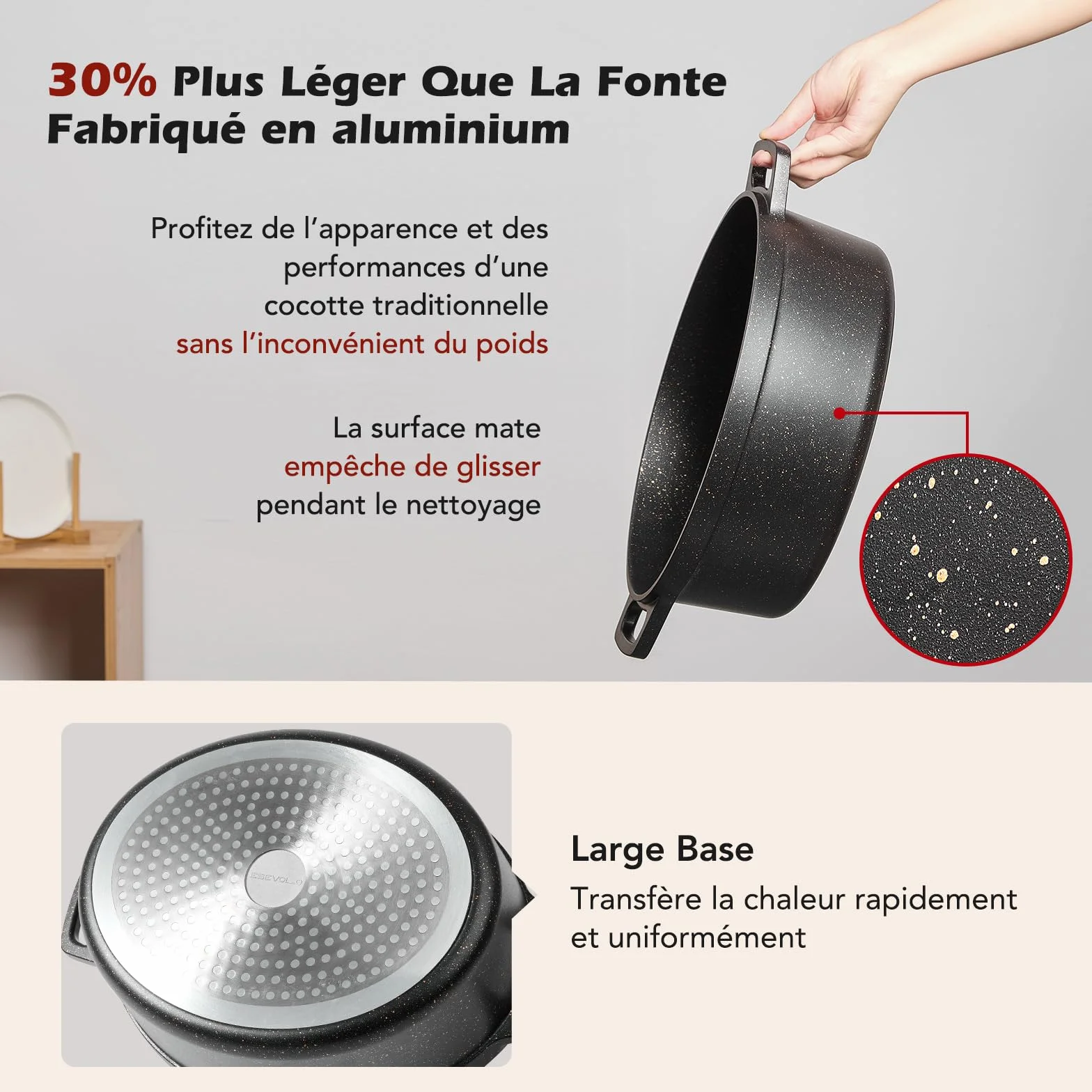 Cocotte Fonte Induction 11 Litres 38cm Ovale Faitout en Fonte d’Aluminium avec Revêtement Antiadhésif, Marmite avec Couvercle, Idéale pour les Grandes Familles, Four et Gaz, Noir