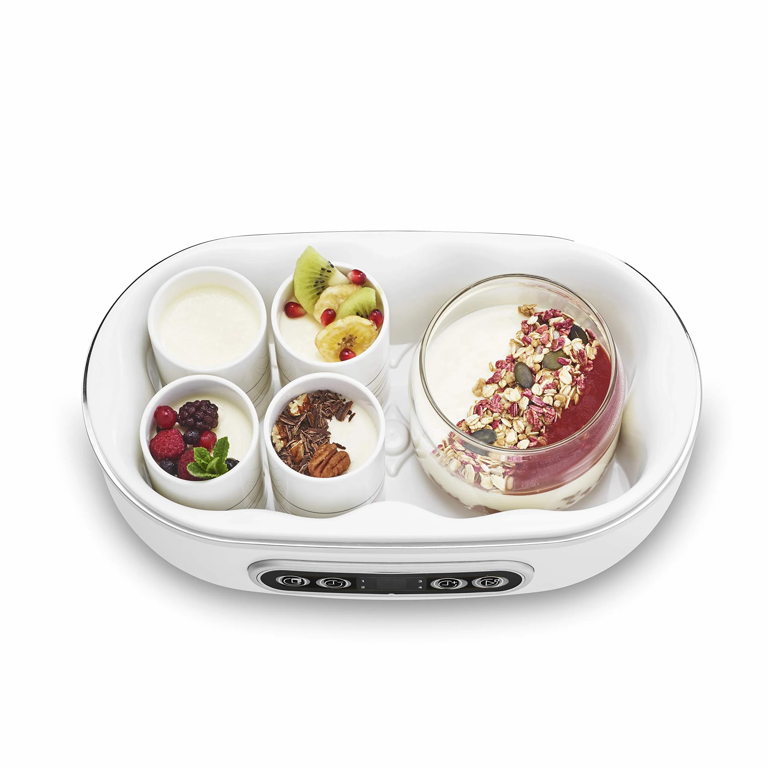 SIMÉO - Yaourtière YVA640 20W pour Yaourts Maison Classiques, aux Boissons Végétales et Desserts - 8 Pots Céramiques 125ml, 2 Pots Verres 500ml - 30x17x15,3 cm - Blanc