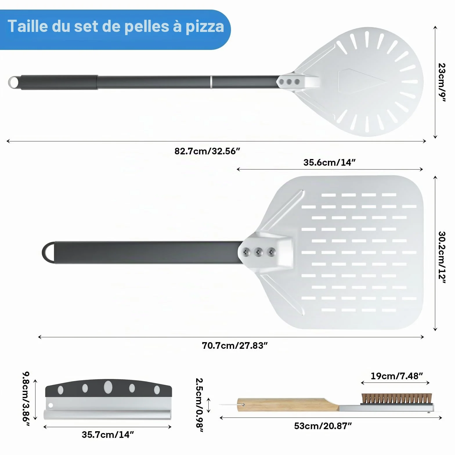 iklestar 4PCS Accessoires pour four à pizza, Pelle a pizza perforée de 30 cm, Peau à pizza en aluminium de 83cm avec un long manche, Outil de nettoyage de la pierre du four
