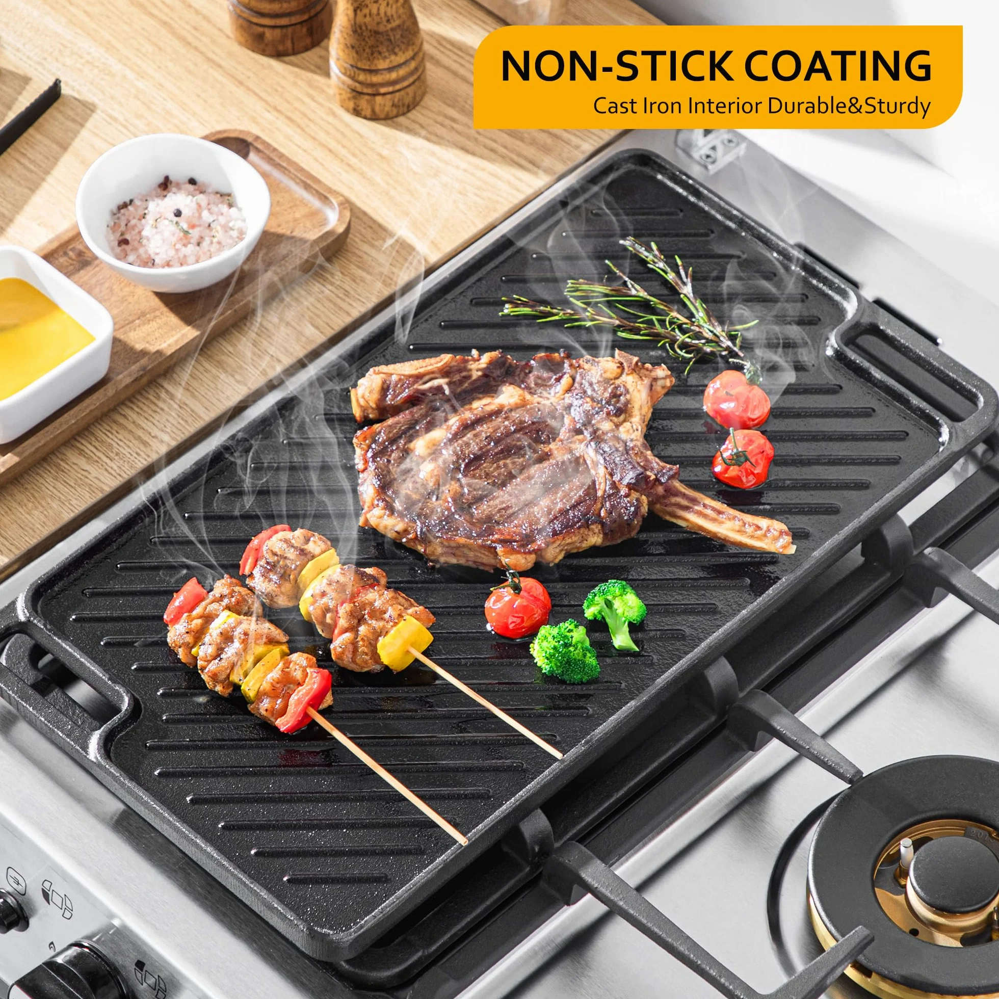 Velaze Plaque à Steak en Fonte, Plaque de Cuisson Barbecue en Fonte pour la Viande et Steak,Poêle Deux Côtés Utilisables de, Convient Induction, Grille Électrique, Gaz ou Charbon - 45.5cm x 26cm