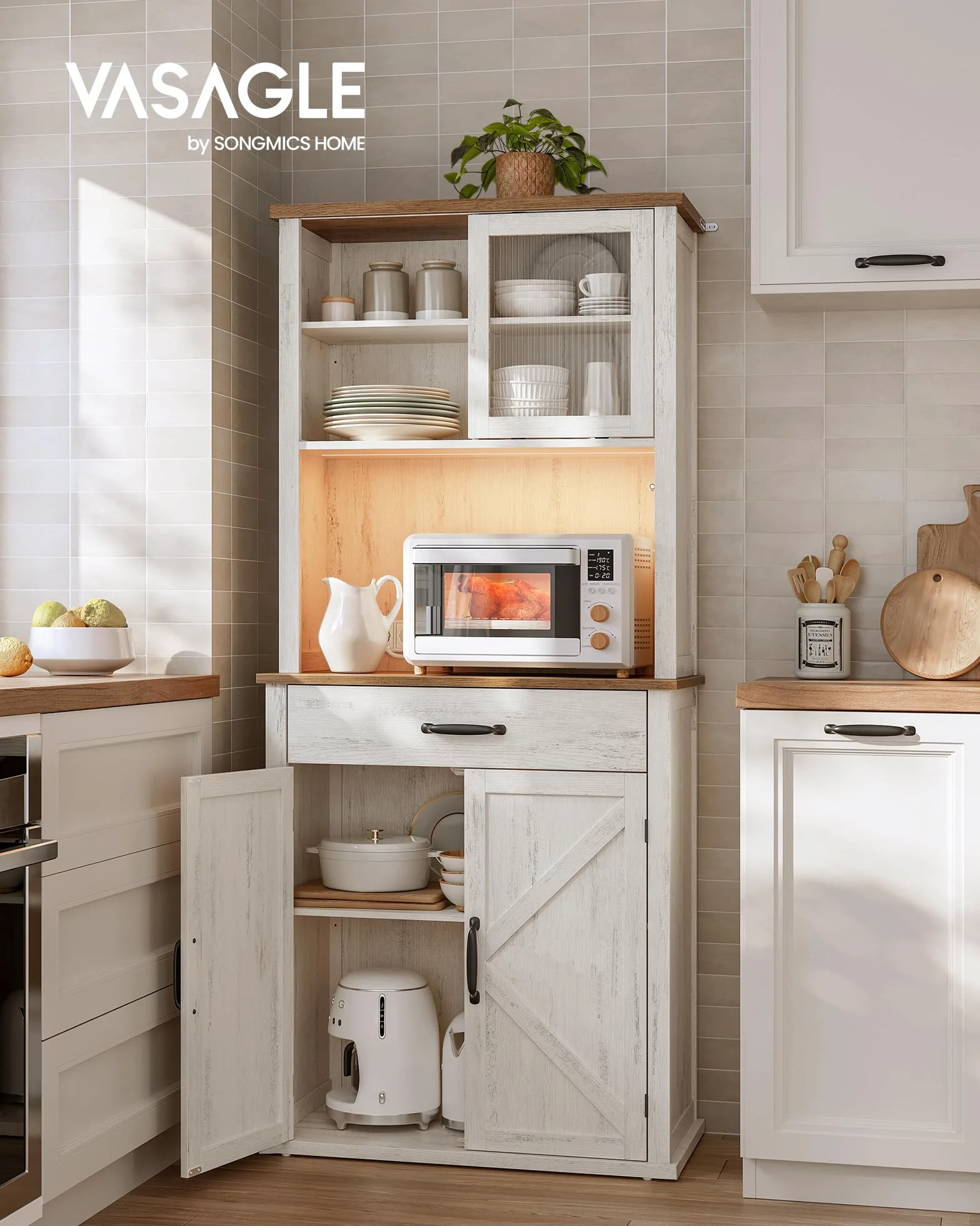 VASAGLE Meuble de Rangement avec Lumières et Chargeur, Placard de Cuisine, avec Portes et Tiroirs, 39,5 x 80,4 x 180,6 cm, Étagères Réglables, Style Campagne, Blanc Rustique et Marron Miel BBK363W22V1