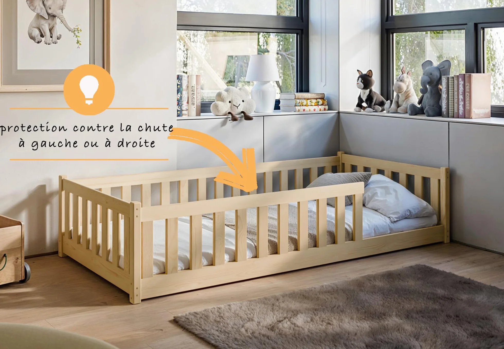 Lit d'Enfant Montessori 90x190 cm avec Protection Contre les Chutes & Sommier à Lattes - Lit à Barreaux pour Enfants et Adolescents