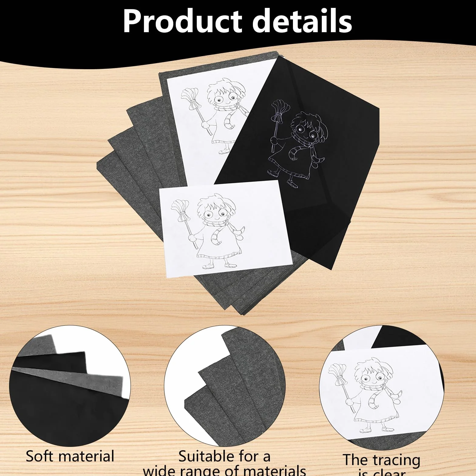 Papier Carbone Noir A4 100 Feuilles, Papier de Transfert Réutilisable pour Textile Bois Toile Dessin Couture Arts Graphiques (21 x 29,7 cm)
