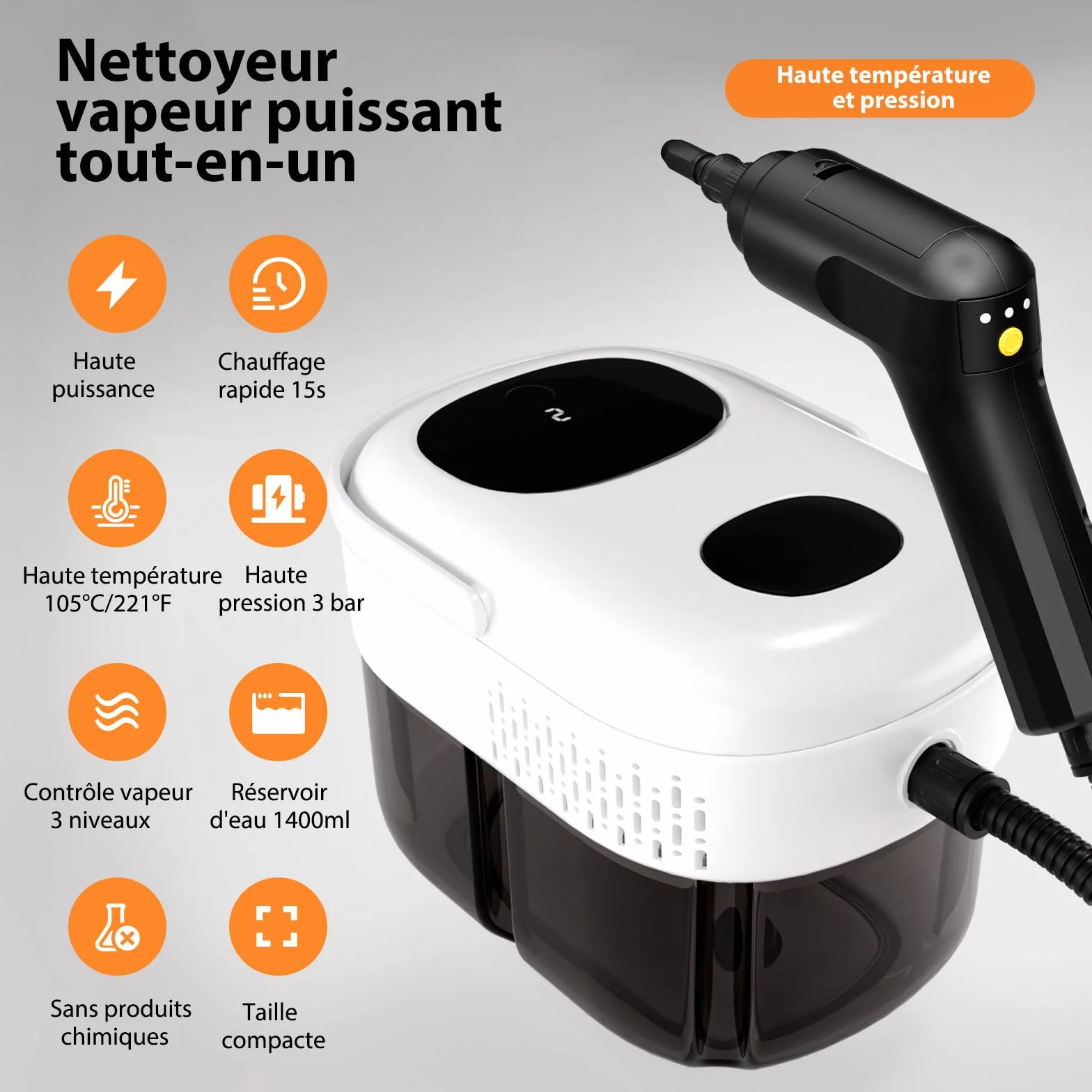 Nettoyeur Vapeur, Nettoyeur Vapeur Portable, Chauffe Rapide en 15s, 3 Niveaux de Réglage, 1,4L Steam Cleaner, Nettoyeur Vapeur Haute Pression Pour Maison, Cuisine, Salle de Bain, Auto, Sols, Meubles