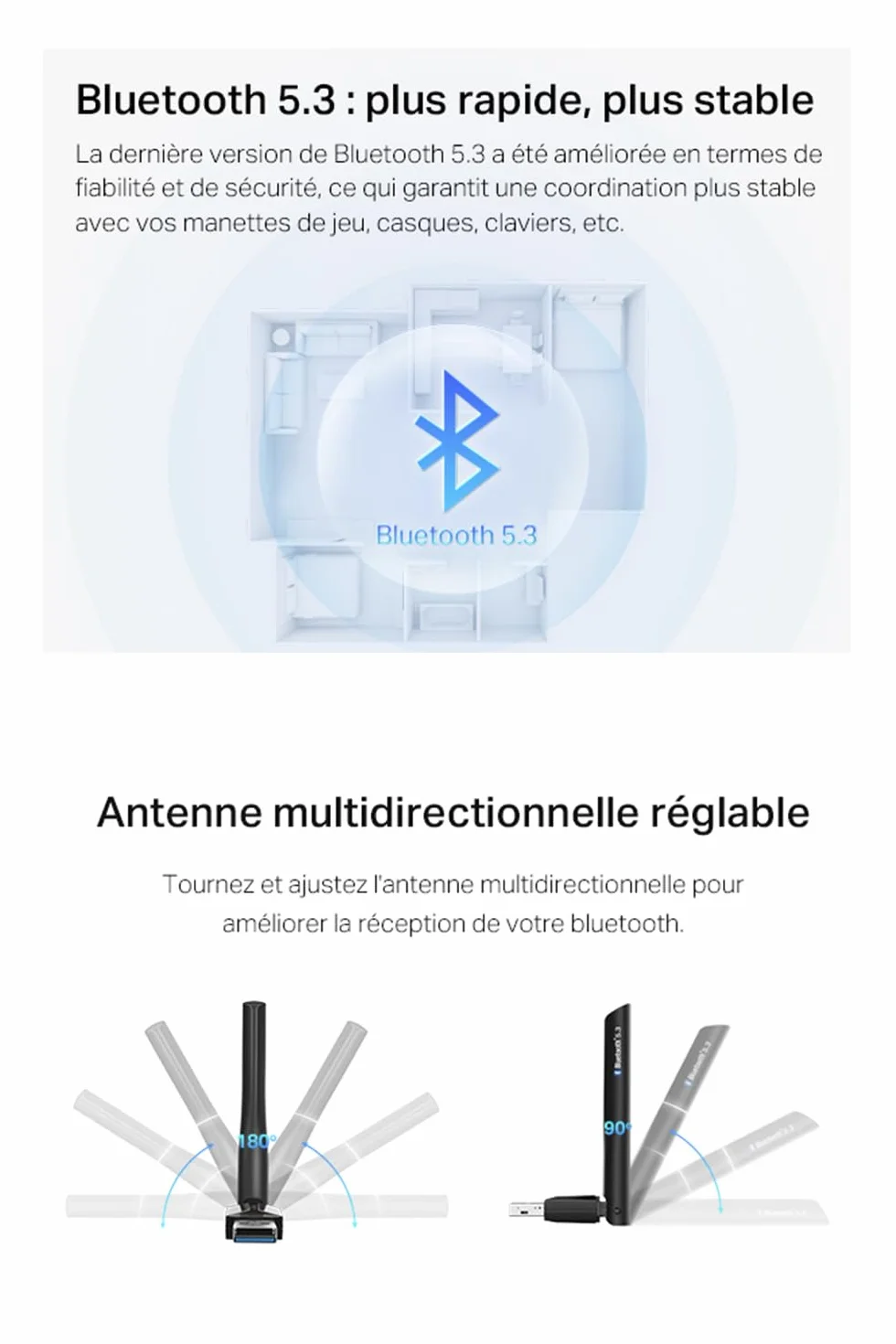 TP-Link UB500 Plus Adaptateur Bluetooth USB 5.3, Antenne Multi-Directionnelle, Clé Bluetooth pour PC Windows 11/10/8.1/7