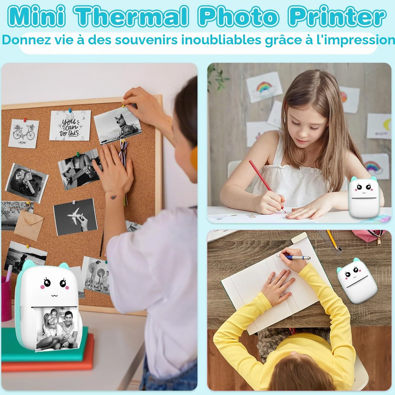 Mini Imprimante Photo Thermique Portable Bluetooth sans Encre iOS Android, Imprimante de Poche Bleu