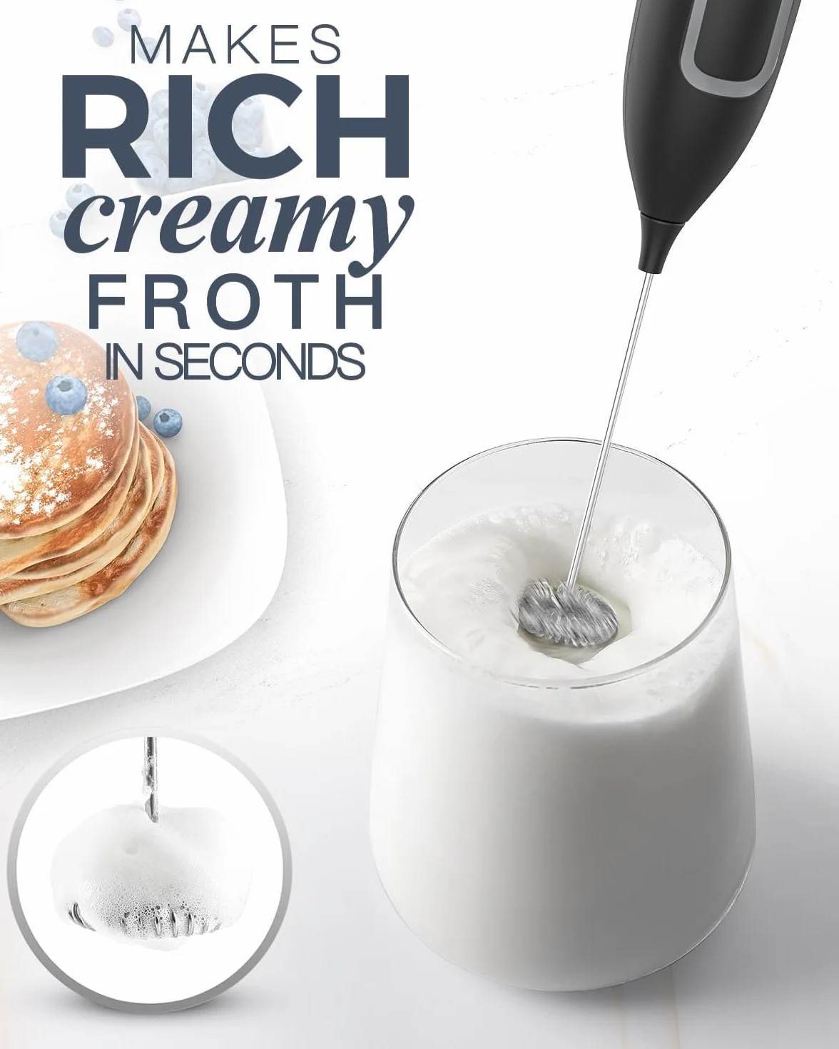 Mousseur à Lait électrique, Mini Fouet en Acier Inoxydable, Moteur Fort pour Café