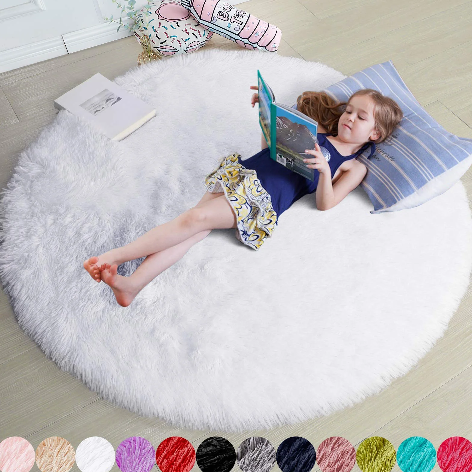 Tapis Rond Moelleux Blanc Chambre à Coucher Peluche Mignon