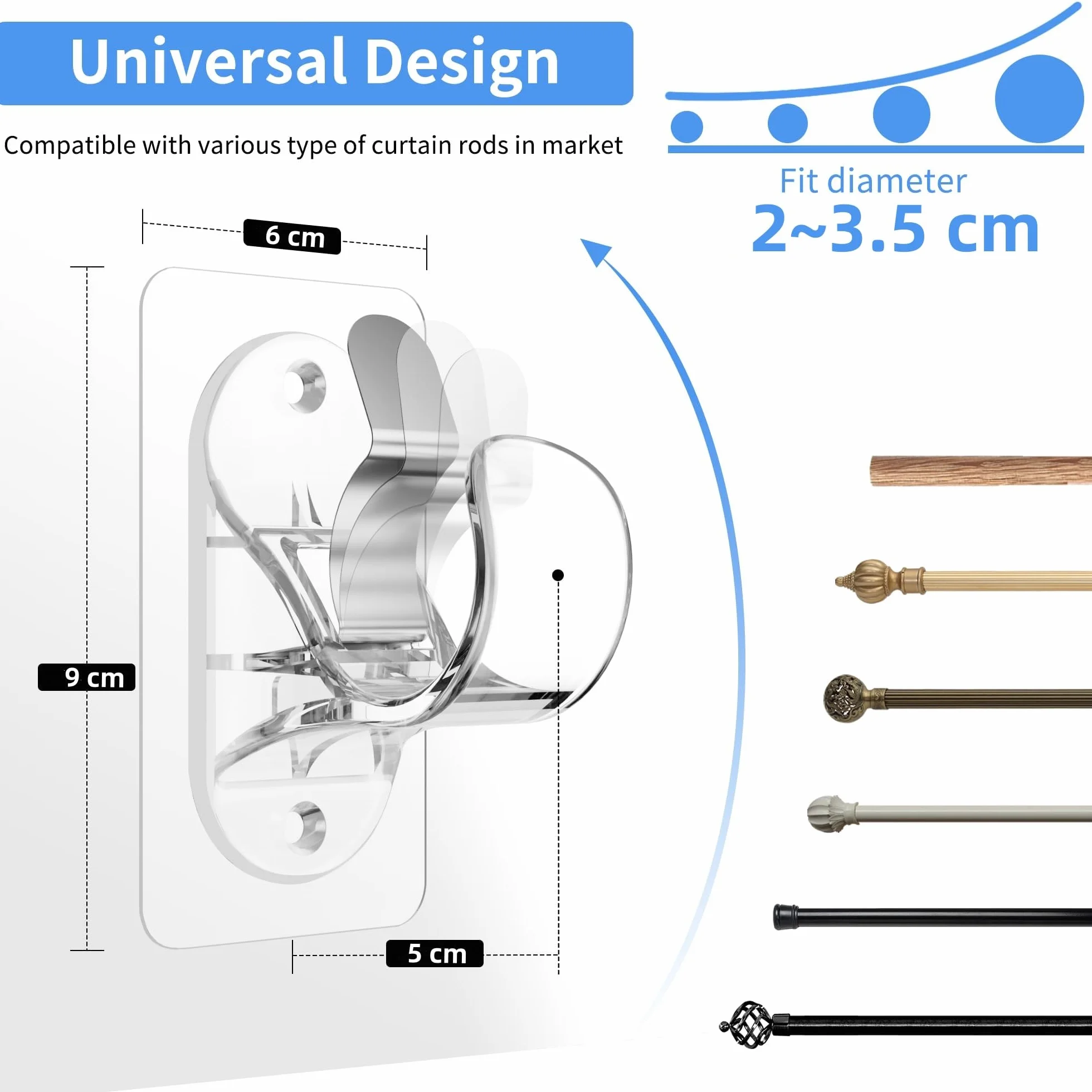 Support de Tringle à Rideaux sans Percage Autocollant Forte Transparent 4 Pièces