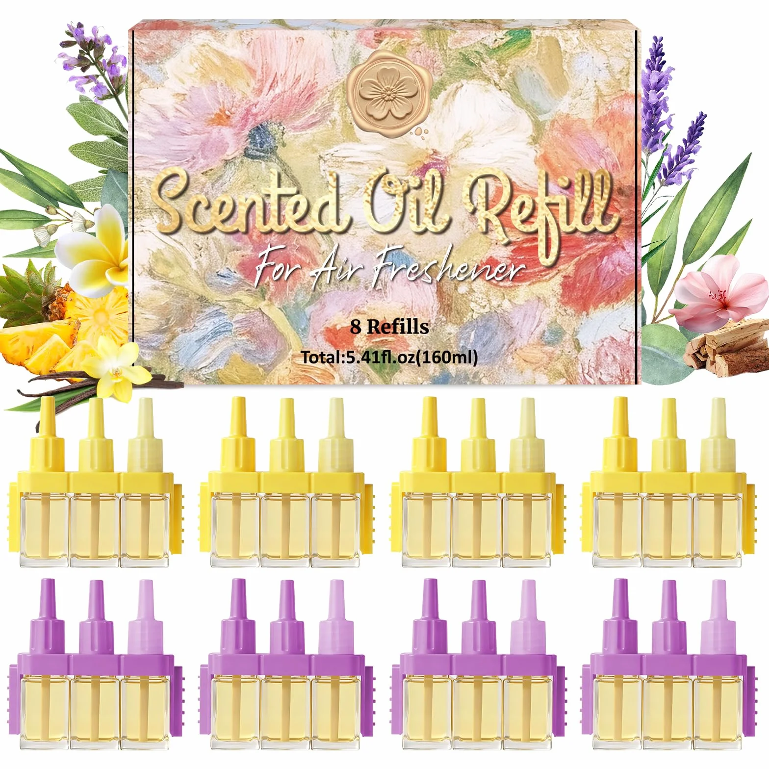 SCENTORINI Recharges pour Diffuseur Électrique Parfums Lavande, Floraux, Hawaïi, Vanille, 8x20ml, Compatibles avec 3Volution