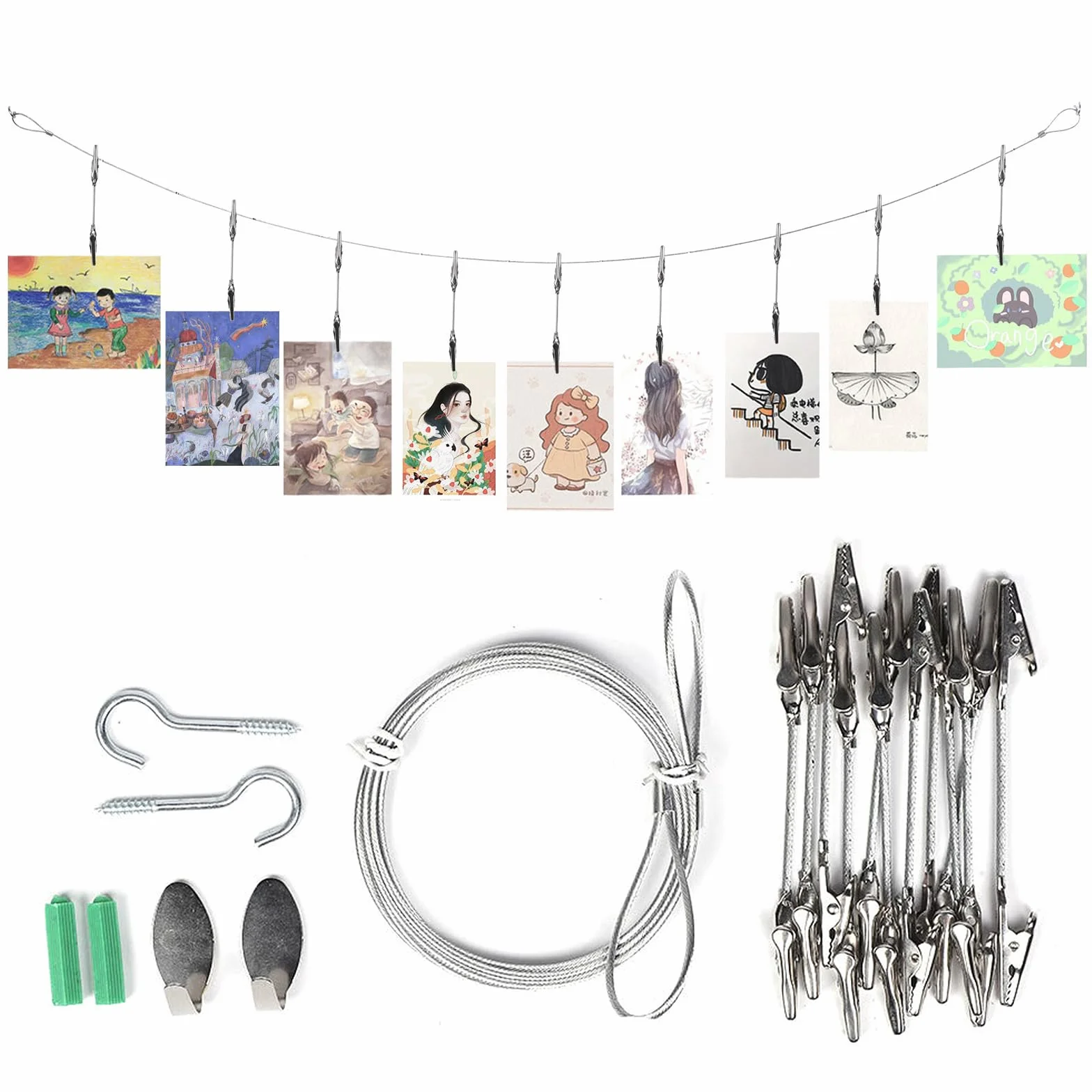 Clip Photo Fil Métallique 12 Pièces Pince Crocodile 160 cm x 2 mm Câble Acier de Suspension Réglable