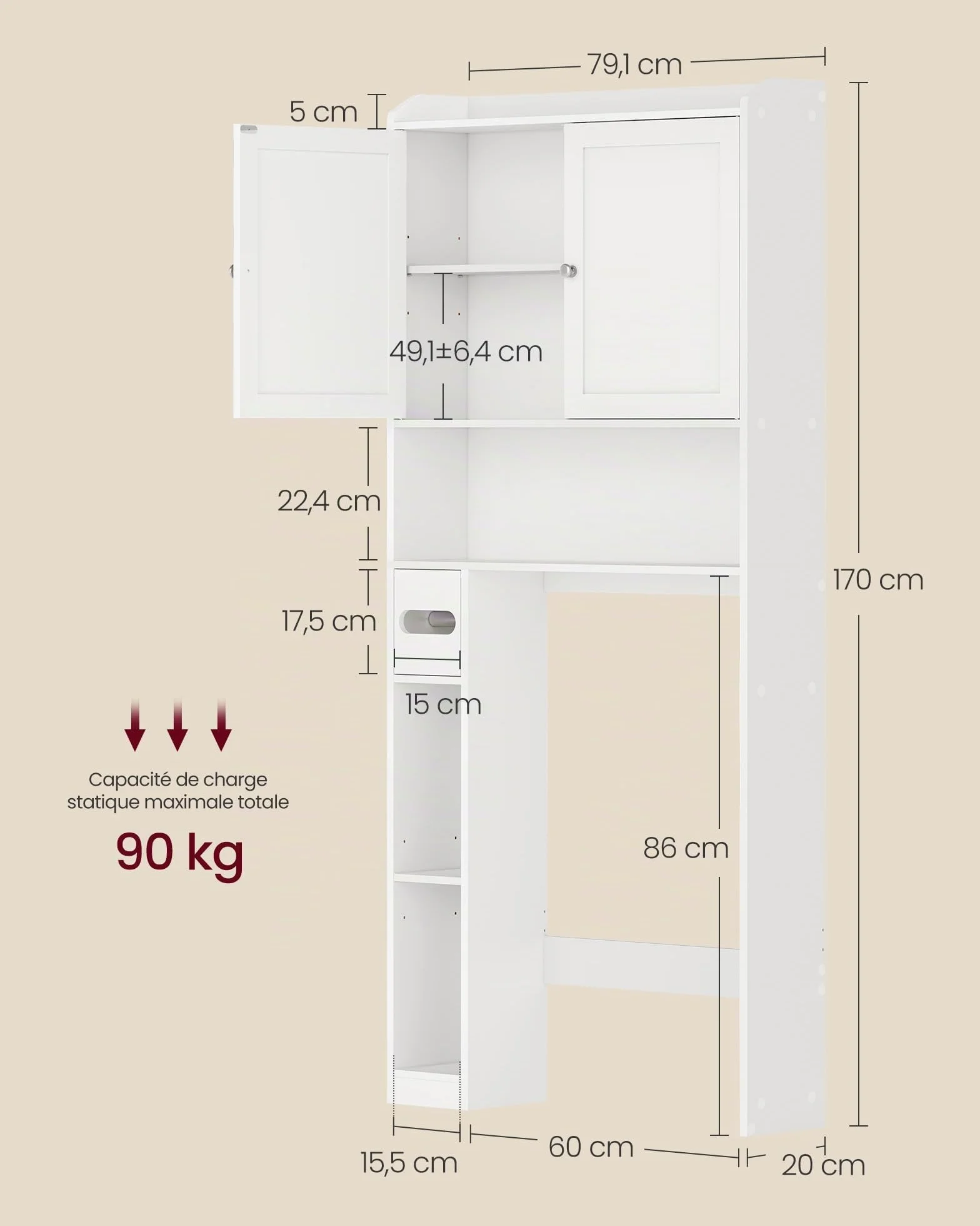 VASAGLE Meuble WC, Armoire pour Machine à Laver, Étagères Ajustables, Économie d’Espace, Adapté à la Plupart des Toilettes, Moderne, 20 x 79,1 x 170 cm, Blanc Nuage BTS018W01V1