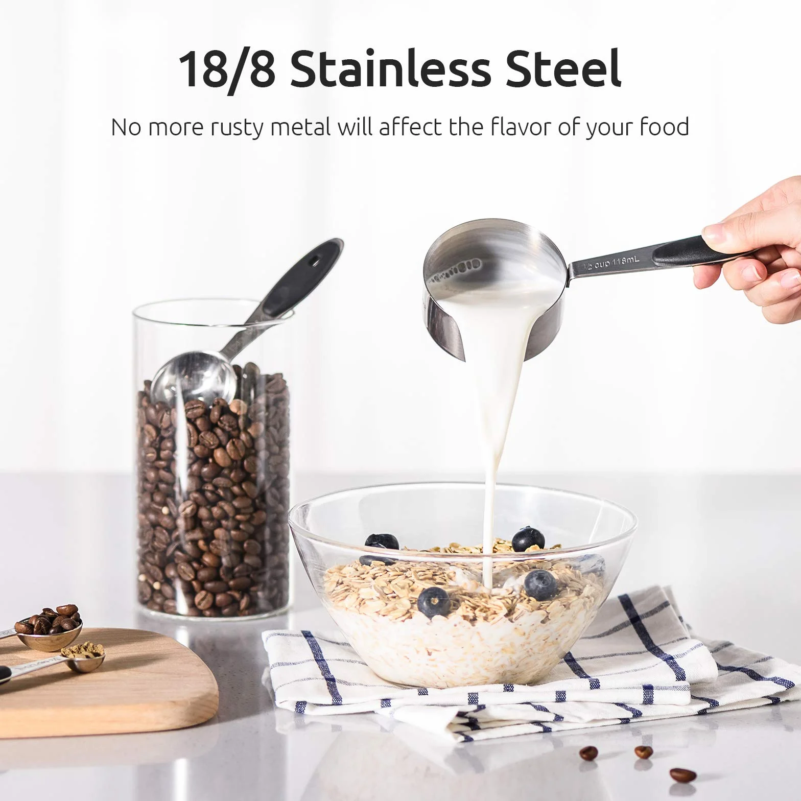 U-Taste Lot de 10 tasses et cuillères à mesurer en acier inoxydable 18/8 noir
