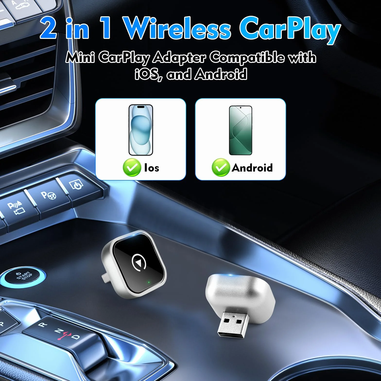 Bezprzewodowy adapter Carplay, 2 w 1, bezprzewodowy adapter Carplay, konwertuje przewodowy samochód Carplay/Android na bezprzewodowy, podłączany i gotowy, mini adapter Carplay