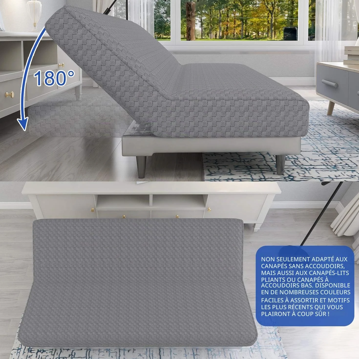 Housse de protection de futon en jacquard extensible sans accoudoirs, lavable en machine, gris clair