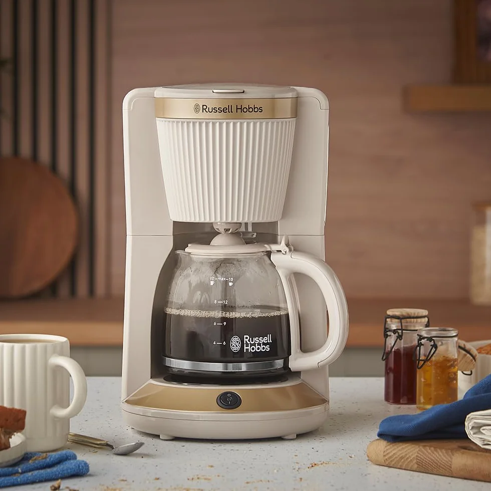 Russell Hobbs Cafetière filtre [1,25 L : 10-15 tasses, 1 100 W] Brontë Beige (technologie WhirlTech, anti-goutte, plaque chauffante, verseuse en verre, fonction pause et versement) 26781-56