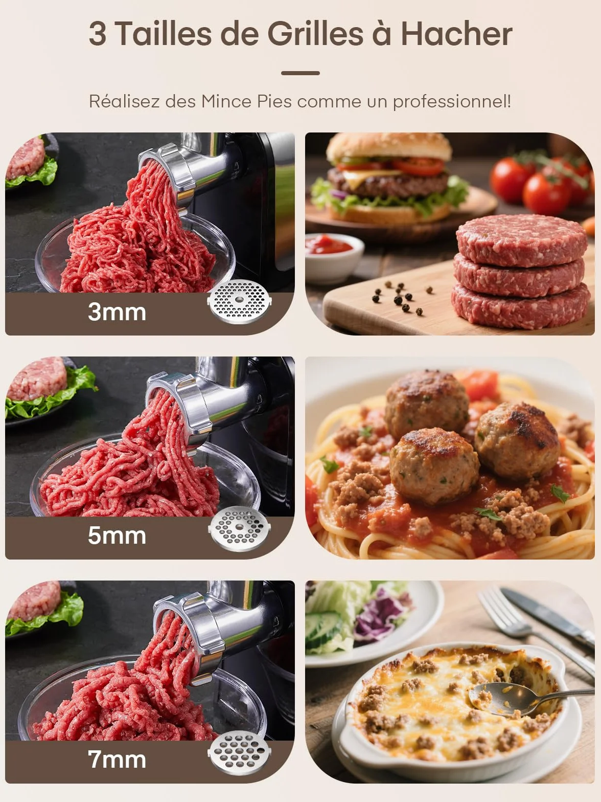 3 en 1 Hachoir à Viande Électrique Professionnel avec 3 Plaques Abrasives en Acier Inoxydable, 1 Kubbe et 3 tubes de Remplissage de Saucisses, 2000W Max