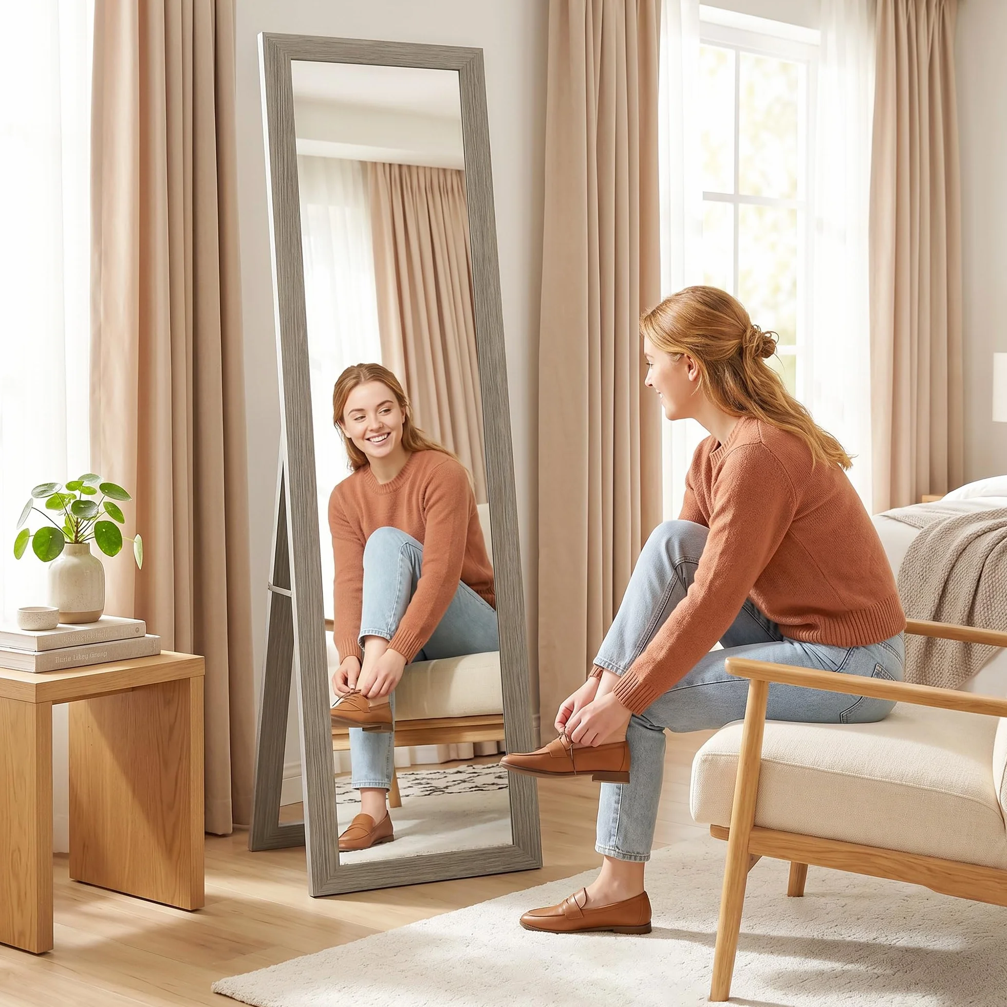 HOMCOM Miroir Rectangulaire sur Pied Mural ou à Poser avec Cadre en Bois 37 x 157 cm Gris
