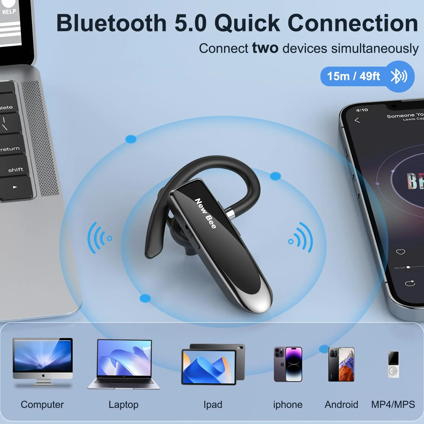 New Bee Zestaw słuchawkowy Bluetooth bezprzewodowy zestaw głośnomówiący z mikrofonem do iPhone Samsung Huawei z 60 dniami czuwania czarny