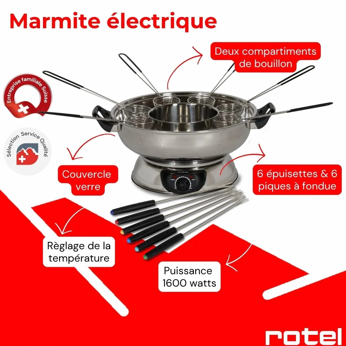 Rotel 1181250 Appareil à fondue chinoise avec fourchettes et épuisettes, appareil à fondue océane, marmite pour fondue chinoise, Acier inoxydable, Verre, Plastique, 39 x 37 x 22,5 cm