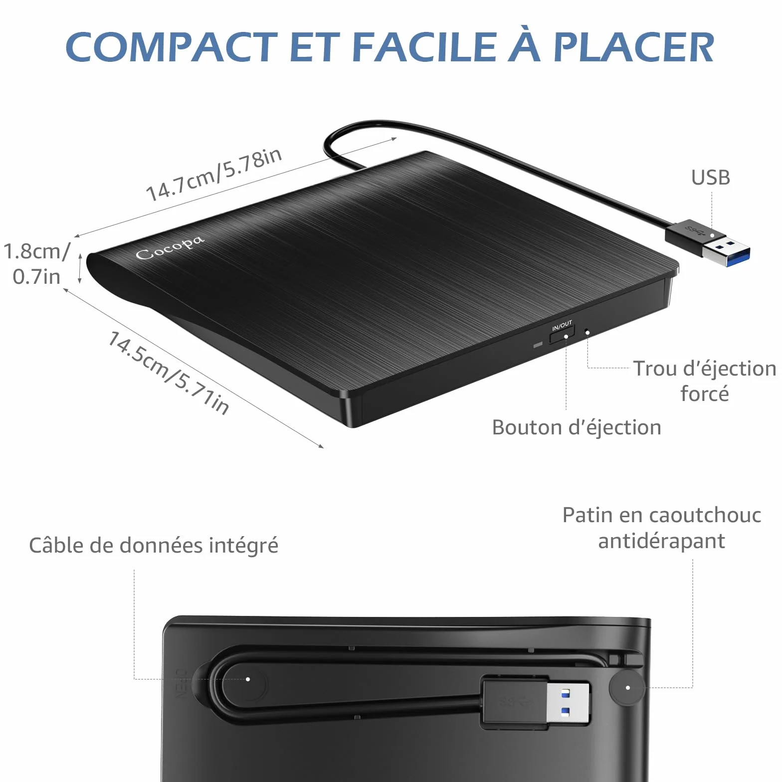 Cocopa Lecteur CD/DVD Externe USB 3.0 Graveur Enregistreur Portable Mince pour PC Mac