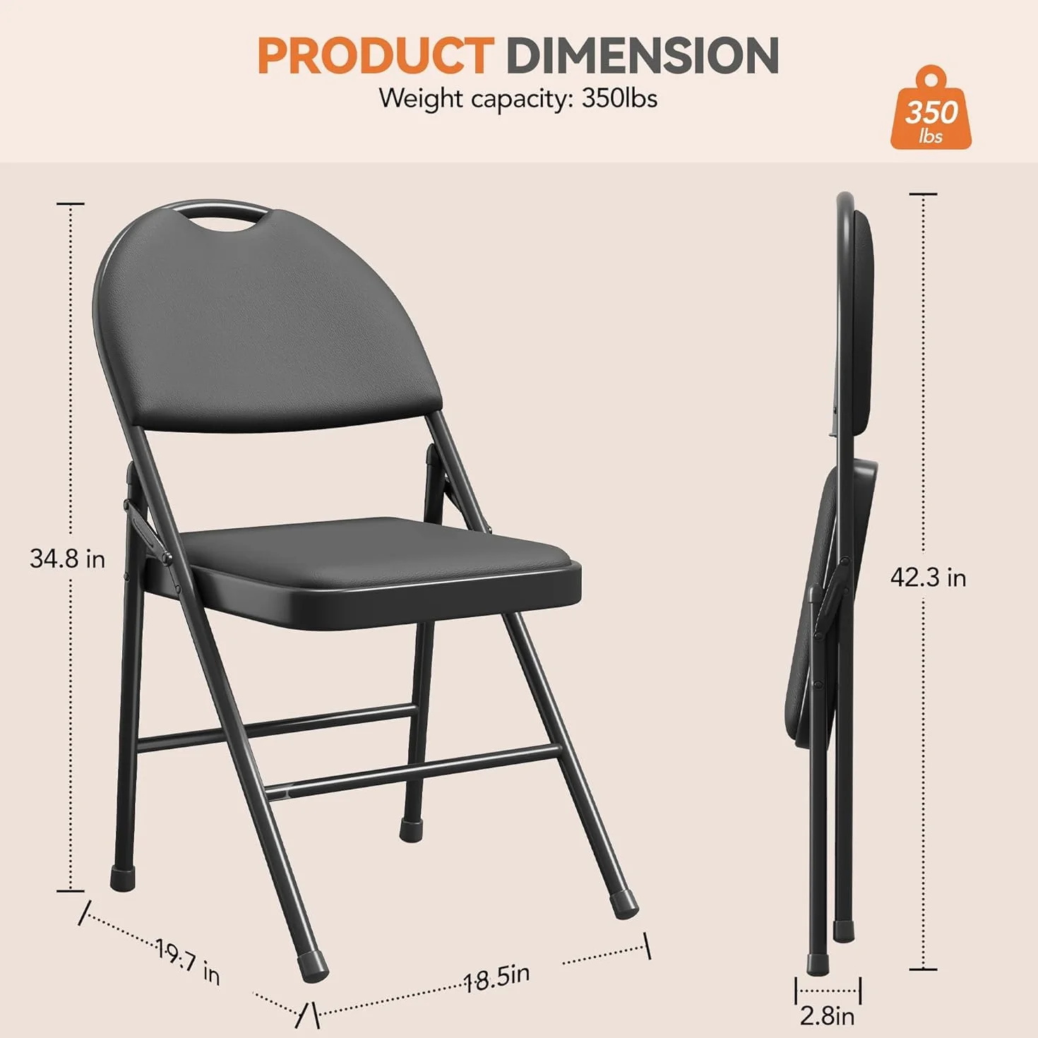 Lot de 4 Chaise pliante légère,Chaise jardin pliable avec rembourrée,Cadre Métal,jusqu'à 150Kg,exterieur/intérieur,Chauffeuse Empilable pour Camping,cuisine,plage,Bar,Salle à manger(88x50x47cm,Noir)