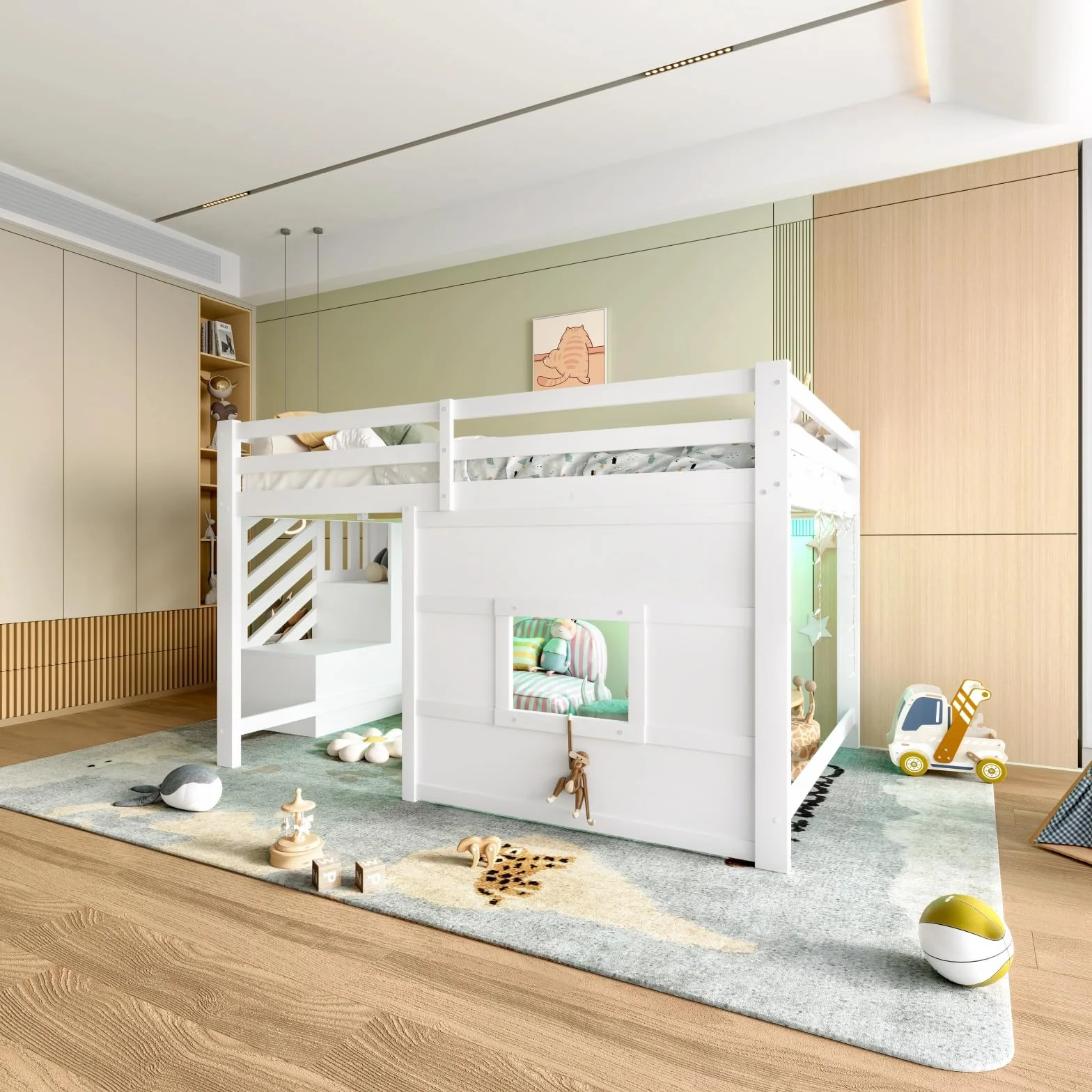 Sweiko Cadre de Lit en Bois, 140x200cm Lit Mezzanine Enfant avec Escaliers de Rangement et Espace de Jeu, Design Maisonnette pour Chambre d'enfant, sans Matelas (White)