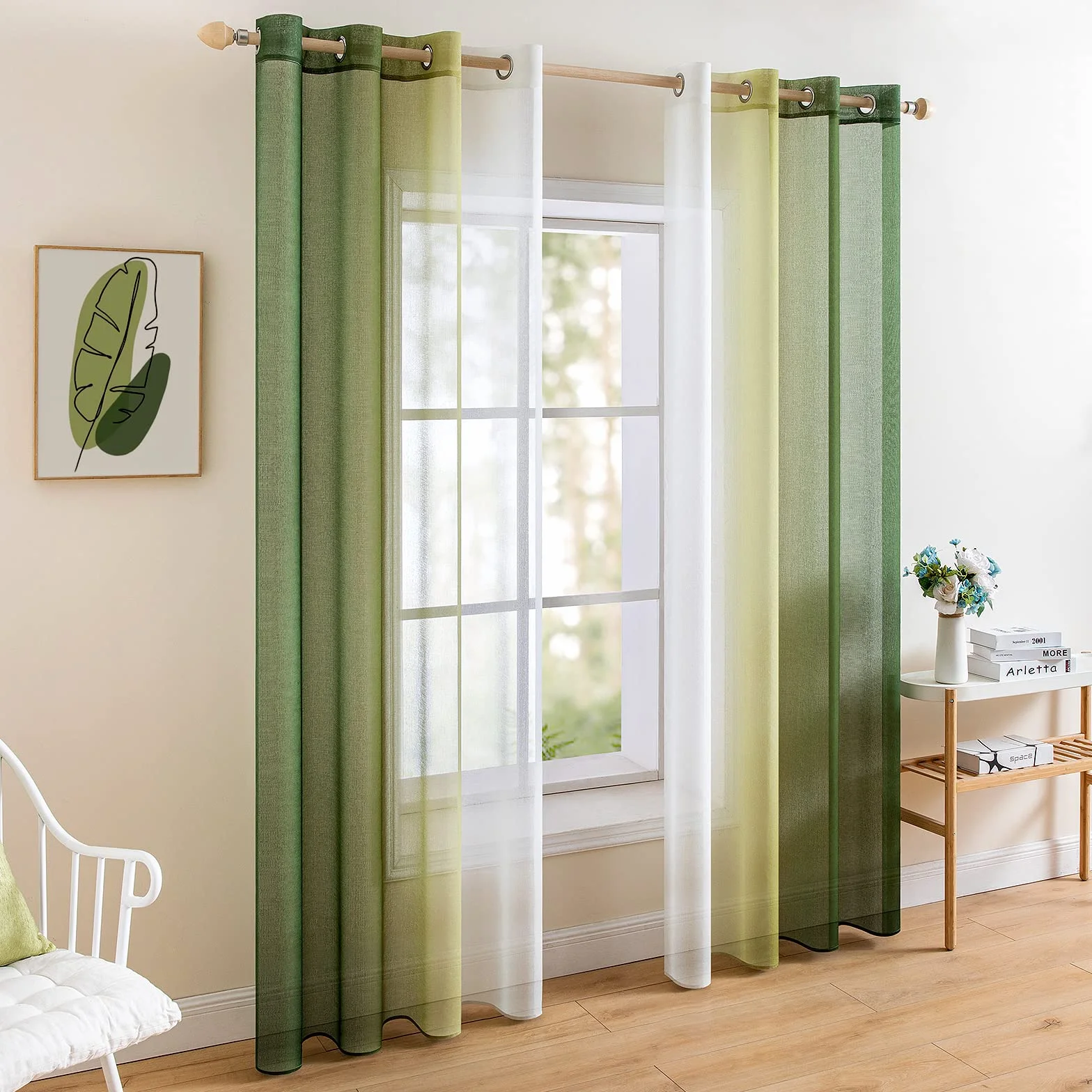 MIULEE Lot de 2 Rideaux Dégradé à Oeillet Voilage Polyester Transparent pour Fenêtre Salon Chambre Blanc Olive 140x245 CM