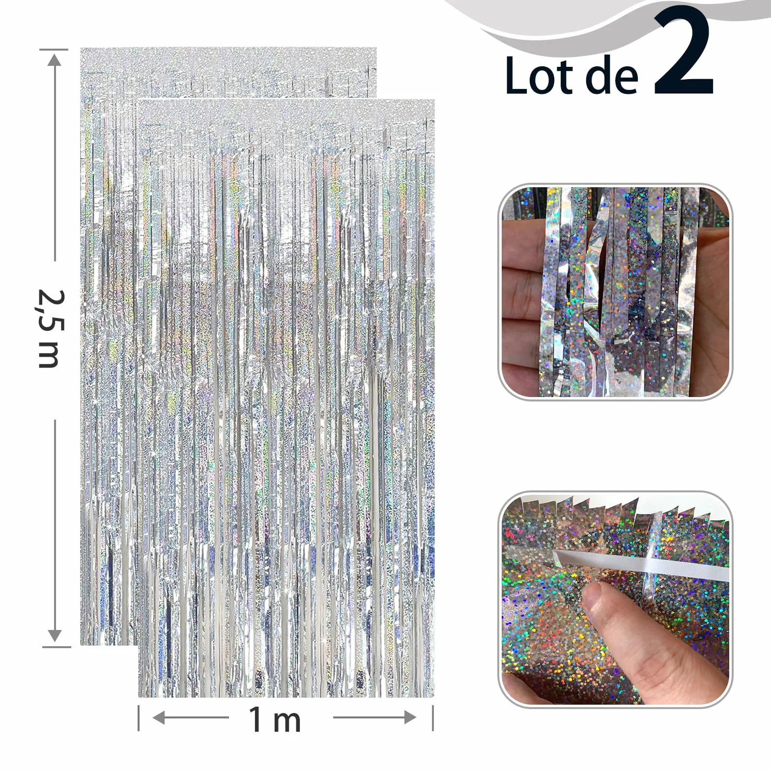 Lot De 2 Rideaux Métalliques À Franges Tinsel Argent 1 x 2,5 m pour Anniversaire Mariage Noël