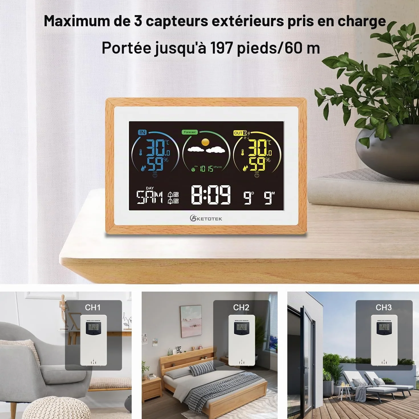 KETOTEK Station Météo Sans Fil avec Capteur Extérieur Thermomètre Hygromètre Horloge Radio-pilotée DCF Prévisions Réveil Rétro-éclairage