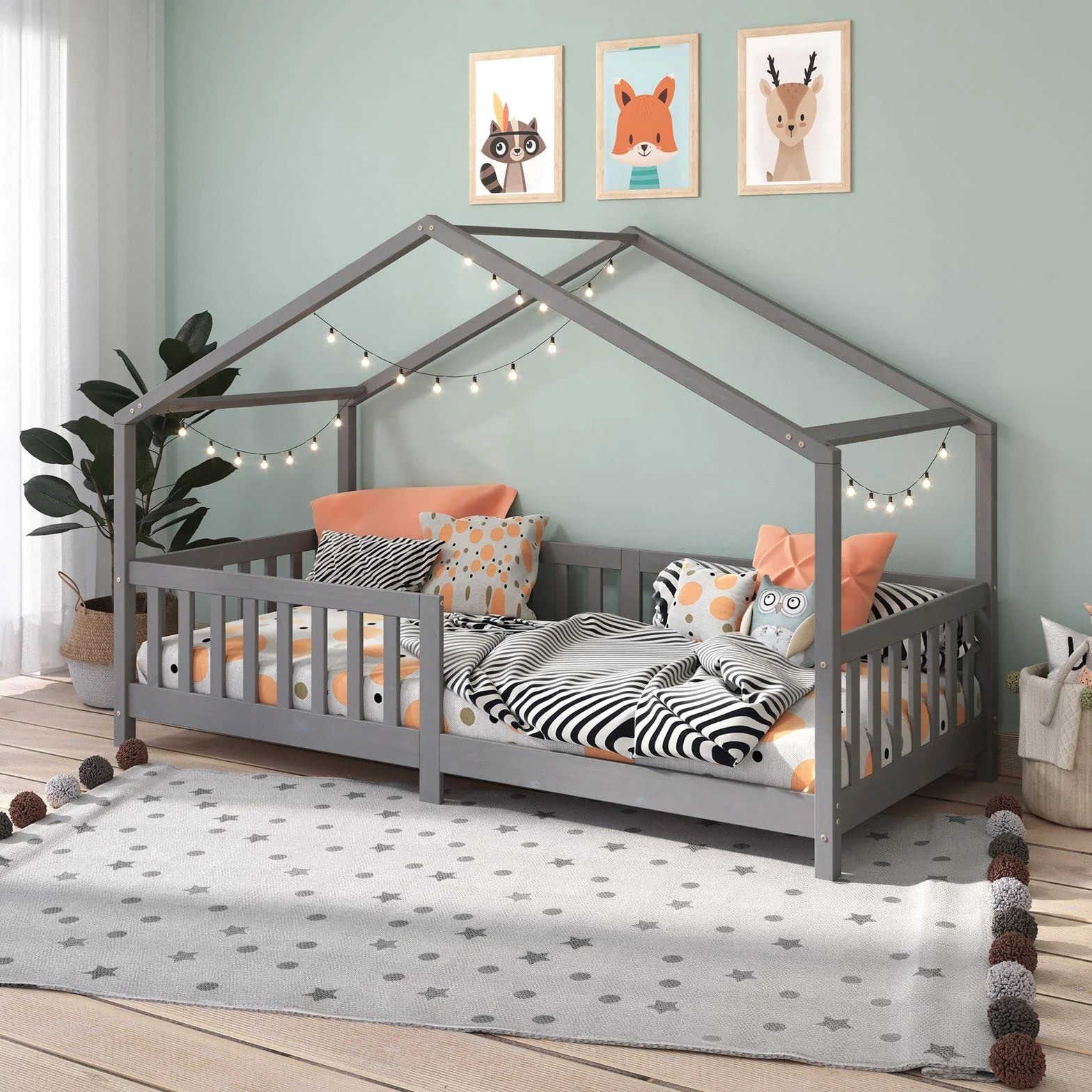 IDIMEX Lit cabane Enfant 90x190 cm LISAN lit Simple Montessori avec Barrières de Protection en Bois Massif lasuré Gris