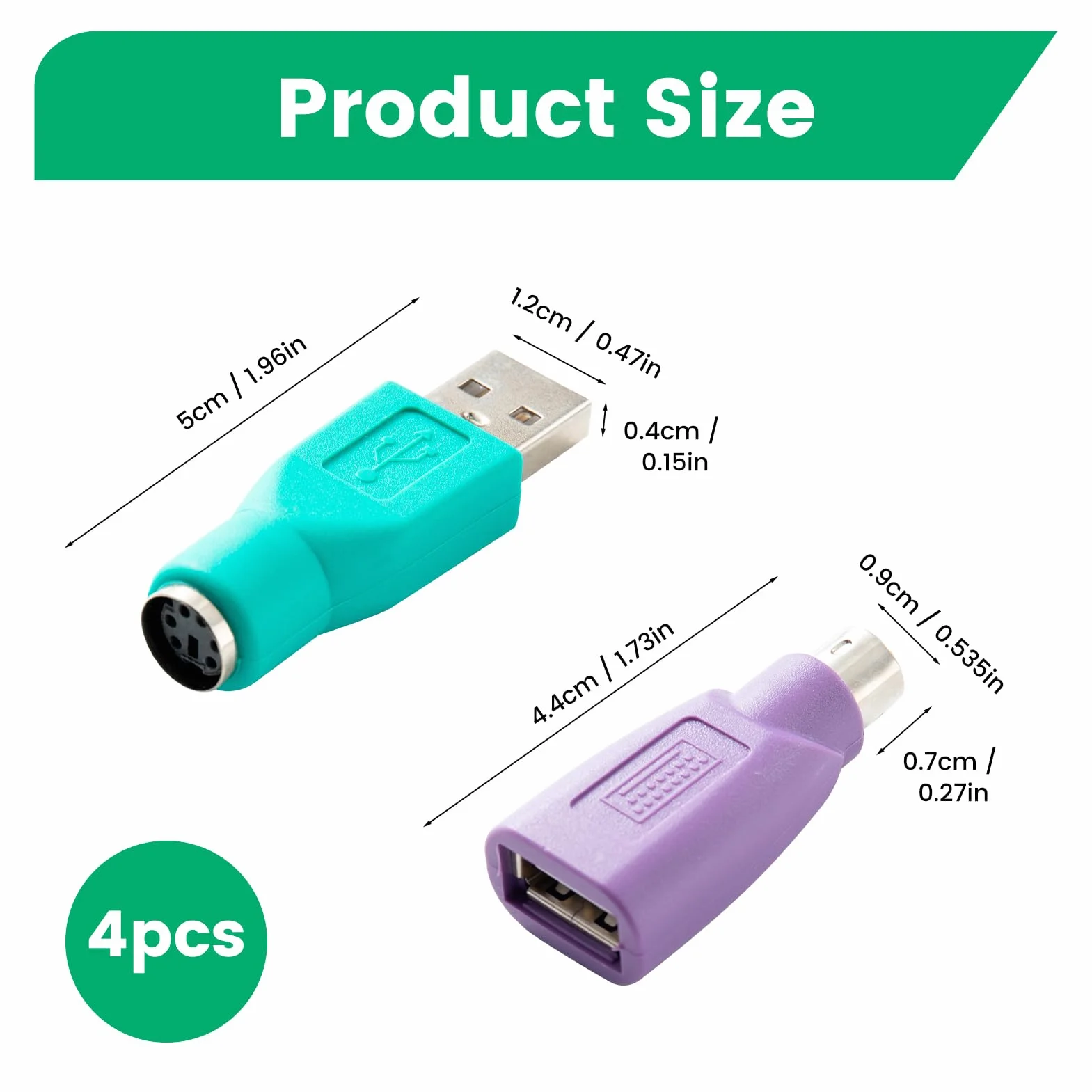 Adaptateur PS2 vers USB 4 Pièces, PS/2 Femelle vers USB Mâle, Clavier Souris Connexion Mini-DIN 6 Violet/Vert