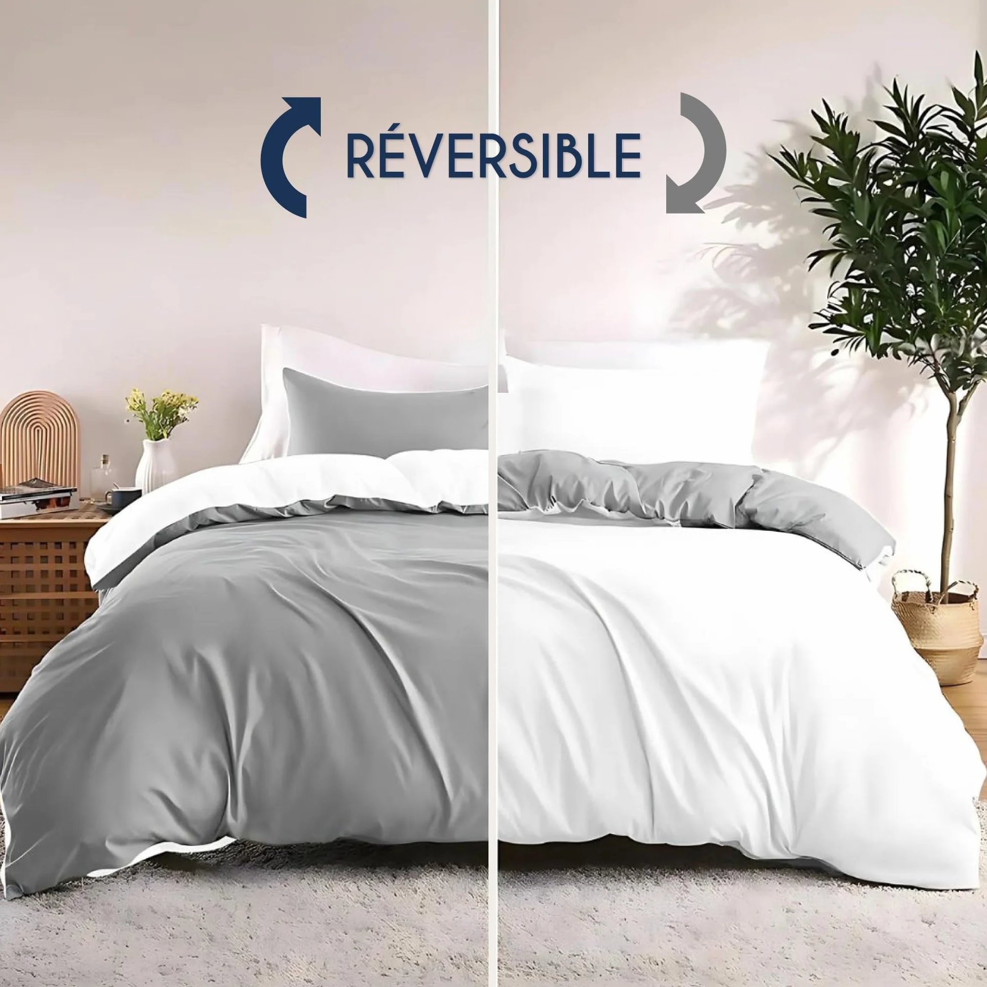 Dreamzie Housse de Couette 240x220 cm avec 2 Taies Oreillers 65x65 cm Gris Clair Blanc 100% Microfibre 3 Pièces Certifié Oeko TEX